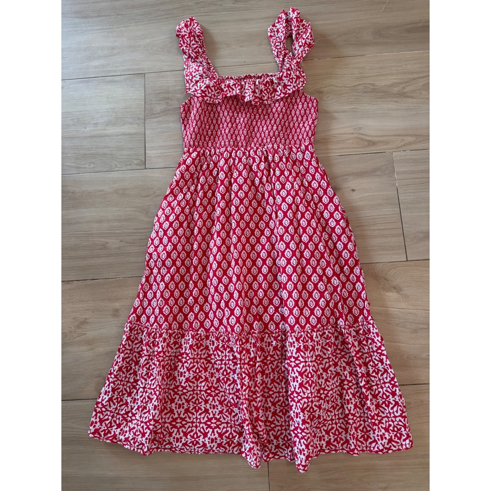 Vineyard Vines Womens Red White Patterned Smocked Tiered Cotton Midi Dress M